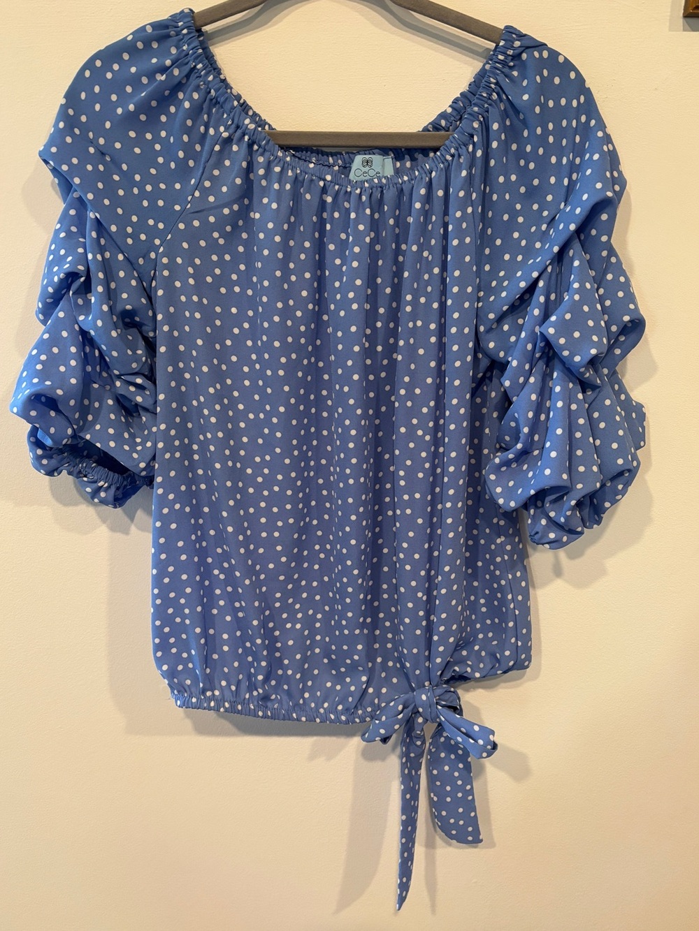 CeCe Blue and White Polka Dot Tie-Hem Blouse - women’s medium